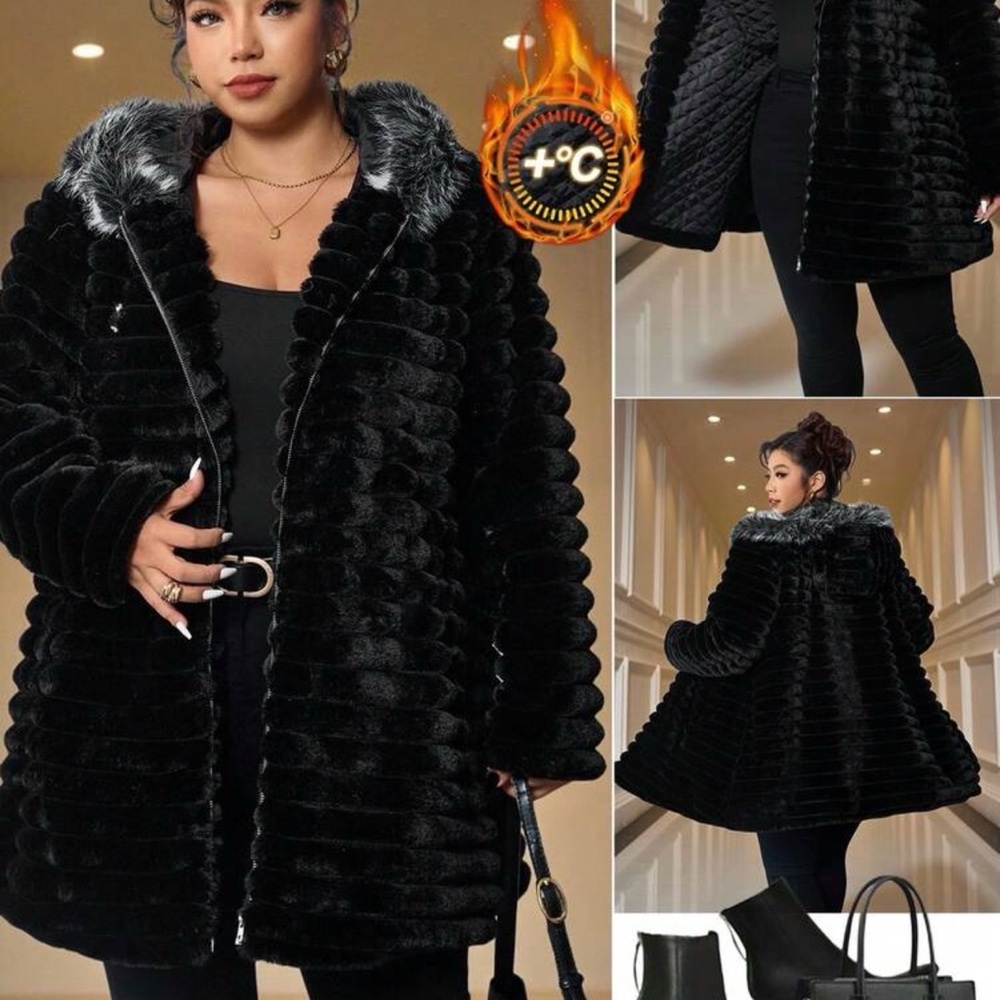 Black Faux Fur Coat with Hooded Trim - Women's Winter Jacket